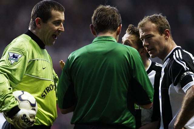 Nigel Martyn protests to referee Graham Barber alongside Newcastle United players Craig Bellamy (centre) and Alan Shearer (right) during the Premier League game at St James's Park in January 2002.