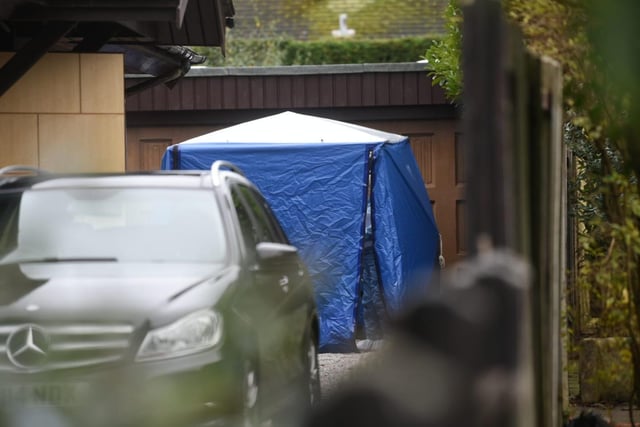 The blue forensics tent in the driveway of the detached home in North Houses Lane, St Annes, where a man in his 50s died from stab wounds on November 30