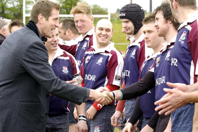 Scarborough Rugby Club official opening – ex-England player Will Greenwood meets the team and shakes hands with EJ Jooste.