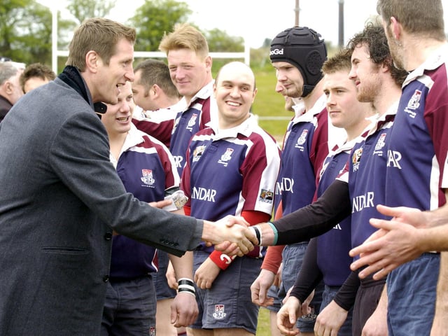 Scarborough Rugby Club official opening – ex-England player Will Greenwood meets the team and shakes hands with EJ Jooste.