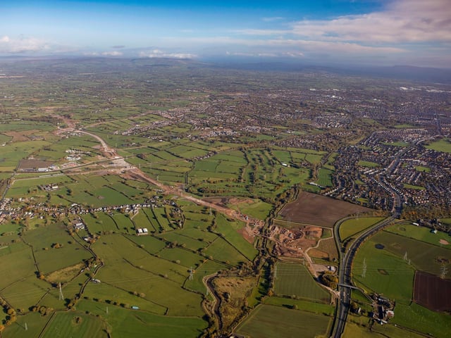 Preston end of the Preston Western Distributor, close to the A583 & A5085 junction in the bottom right of the picture - late October 2020 (image - Costain)
