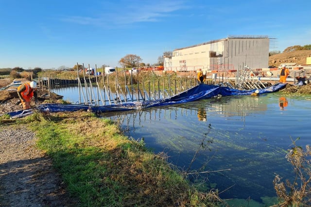 Creation of temporary dam on Lancaster Canal to allow for installation of new culvert pipe - November 2020 (image - Costain)