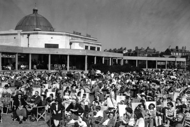 Deck chairs dominate in this 1940s summer view of Fleetwood Marine Hall which has been the town's central seafront attraction  for many years. The hall was opened in 1935 and has been the premier entertainment venue for Wyre ever since