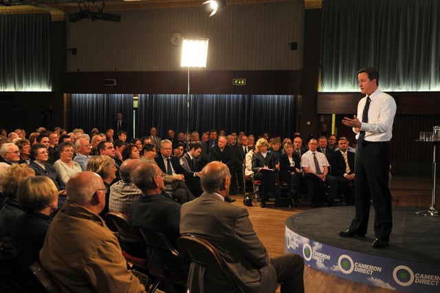 David Cameron talking to an audience at the Marine Hall in 2009