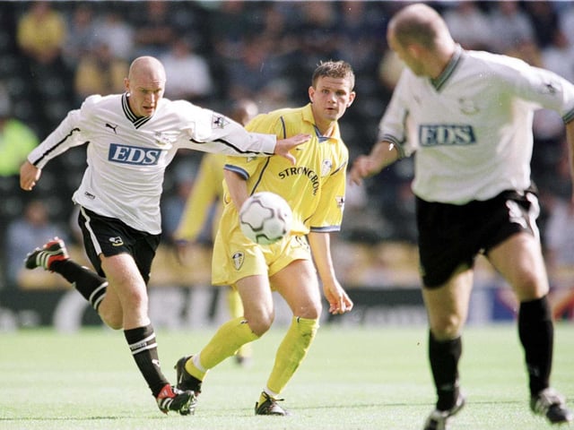 Eirik Bakke puts the ball through against Derby County's Seth Johnson during the FA Carling Premiership match at Pride Park in September 2000. The game finished 1-1.