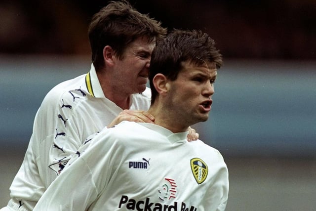 Eirik Bakke celebrates with Michael Bridges scoring against Aston Villa during the FA Cup fifth round clash at Villa Park in January 2000. The game finished 3-2 to Villa.