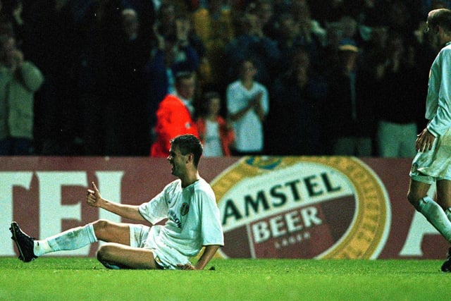 Eirik Bakke celebrates scoring the fourth goal against Besiktas during the Champions League clash at Elland Road  in September 2000. The Whites 6-0.