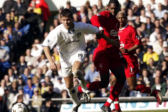 Eirik Bakke takes on Liverpool's Salif Diao during the FA Barclaycard Premiership match at Elland Road in October 2002. The Reds won 1-0.