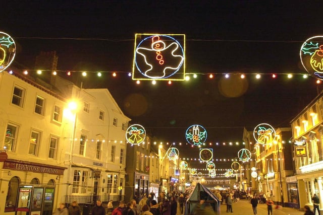 Pontefract town centre is filled with light after TV personality Ian Clayton switched the lights on in November 2001.