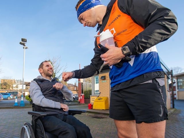 Burrow greeted Sinfield at the finish line at Headingley Stadium on Saturday.