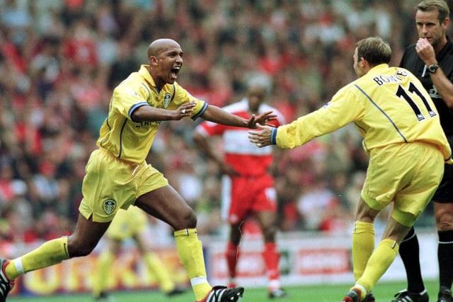 Olivier Dacourt celebrates scoring against Middlesbrough at the Riverside with Lee Bowyer during the FA Carling Premier League clash in August 2000. Leeds won 2-1.