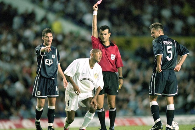 Olivier Dacourt receives a red card during the Champions League qualifying round first leg match against TSV 1860 Munich at Elland Road in August 2000. Leeds won 2-1.