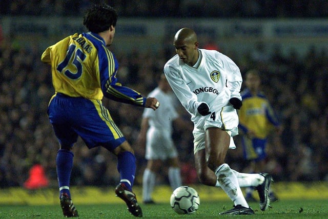 Olivier Dacourt takes on Ricardo Cabanas of Grasshoppers during the UEFA Cup third round, second leg clash at Elland Road in December 2001.