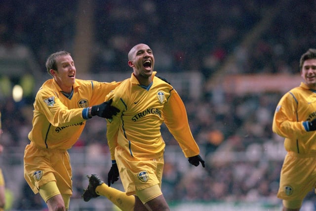 Olivier Dacourt celebrates opening the scoring during the FA Carling Premiership match against Newcastle United at St James's Park in December 2000. The Whites lost 2-1.