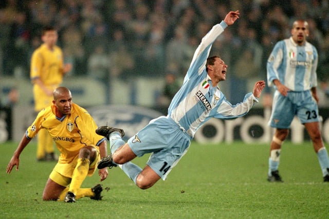 Lazio's Diego Simeone is felled by Olivier Dacourt during the UEFA Champions League clash at the Stadio Olympico in December 2000.
