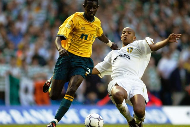 Olivier Dacourt challenges Celtic's Mohamed Sylla during Gary Kelly's testimonial at Elland Road in May 2002.