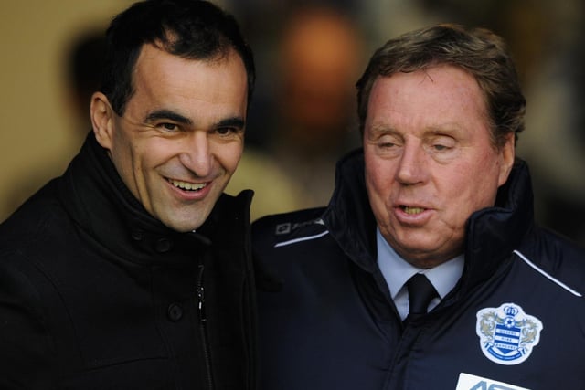 Roberto Martinez shares a laugh with Harry Redknapp