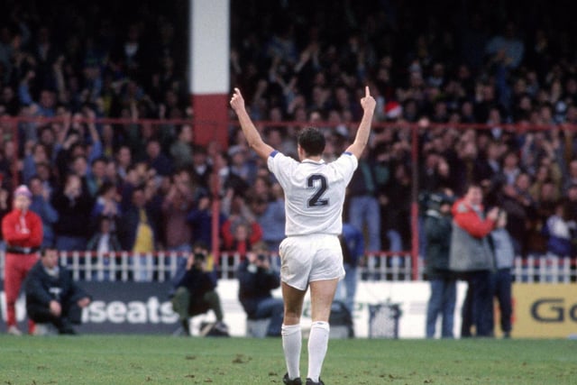 Mel Sterland celebrates at Bramall Lane on Boxing Day 1989 after his long range free kick helped the Whites stay top of the league. The game finished 2-2.