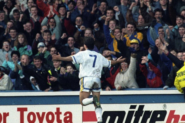 Steve Hodge celebrates scoring against Southampton at Elland Road on Boxing Day 1991. The Saints staged a late comeback to snatch a point in 3-3 draw.