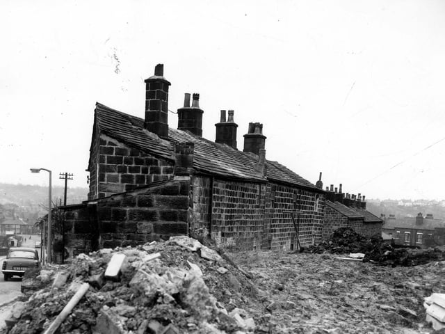 Backs of houses on Church Lane then Providence Square following to the right. The view looks in the direction of Headingley. Houses in foreground included in slum clearance plans for the Green Road area. Pictured in March 1966.