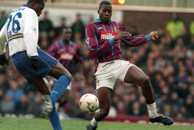 Leeds United's first game of 1995 was a goalless draw at Villa Park. Philomen Masinga and Villa's Ugo Ehiogu battle for the ball.