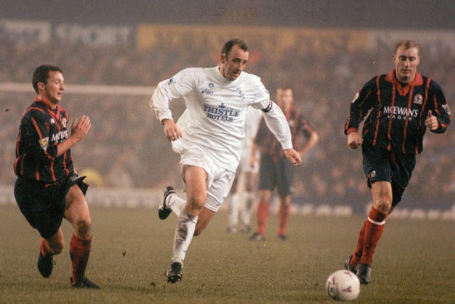 Blackburn Rovers were the visitors to Elland Road on New Year's Day 1996. Gary McAllister drives forward in a game which finished goalless.
