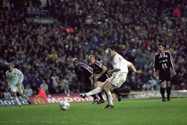 Robbie Keane scores the equaliser from the penalty spot against Middlesbrough at Elland Road on New Year's Day in 2001.
