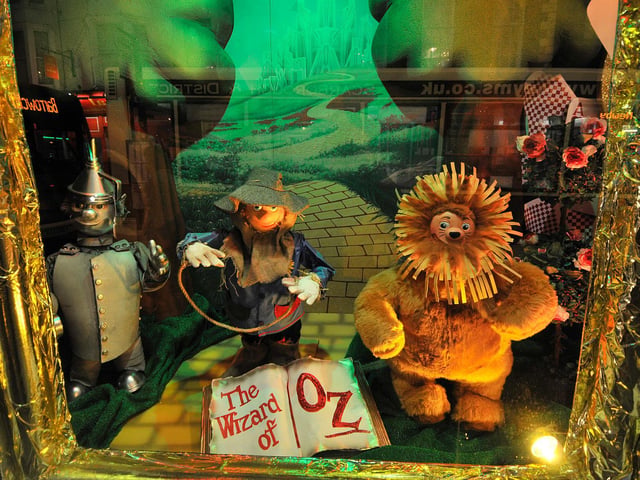 The Cowardly Lion, Tin Man, and Scarecrow feature in the 2016 window.