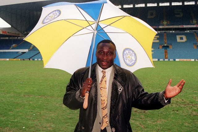 Tony Yeboah on the Ellan Road pitch after signing from Eintracht Frankfurt for 3.4 million in January 1995.