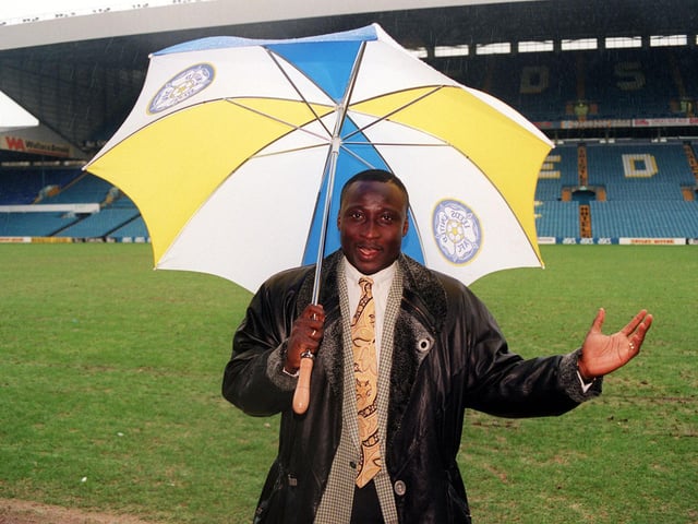 Tony Yeboah on the Ellan Road pitch after signing from Eintracht Frankfurt for 3.4 million in January 1995.