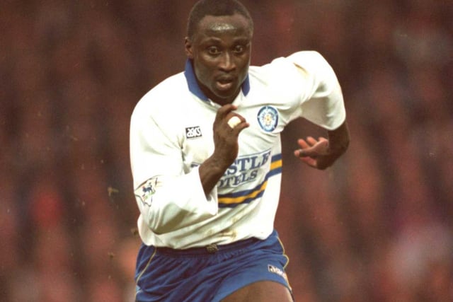 Tony Yeboah pictured in action during an FA Cup fifth round clash against Manchester United at Old Trafford in February 1995. He scored with virtually his first touch that day but the Whites lost 3-1.
