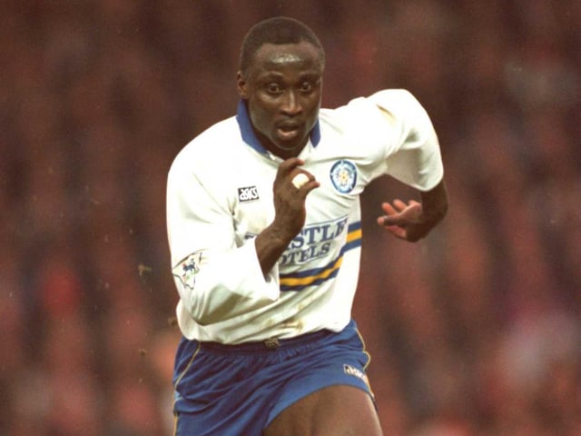 Tony Yeboah pictured in action during an FA Cup fifth round clash against Manchester United at Old Trafford in February 1995. He scored with virtually his first touch that day but the Whites lost 3-1.