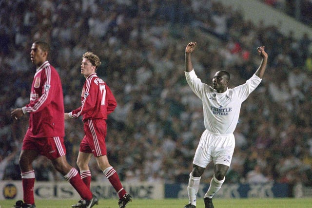 Tony Yeboah celebrates after scoring THAT goal against Liverpool at Elland Road in August 1995.