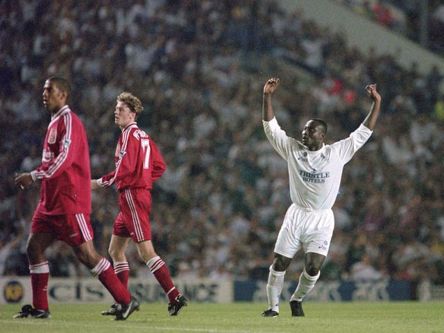 Tony Yeboah celebrates after scoring THAT goal against Liverpool at Elland Road in August 1995.