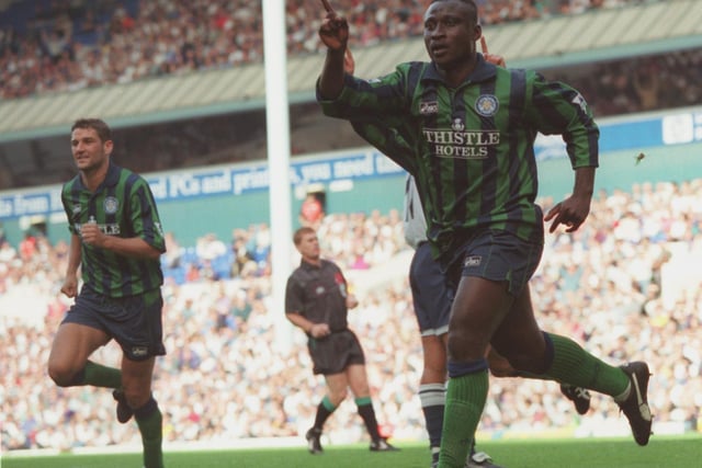 Tony Yeboah celebrates scoring against Tottenham Hotspur at White Hart Lane in September 1995.