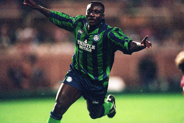 Tony Yeboah celebrates scoring a hat-trick during Leeds United's UEFA Cup first round first leg match against Monaco in September 1995.