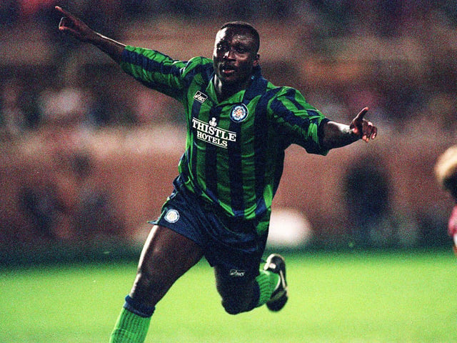 Tony Yeboah celebrates scoring a hat-trick during Leeds United's UEFA Cup first round first leg match against Monaco in September 1995.