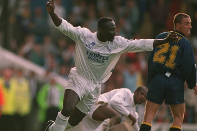 Tony Yeboah celebrates after scoring during the Premier League clash with Wimbledon at Selhurst Park in September 1995. He scored a hat-trick in a 4-2 win.