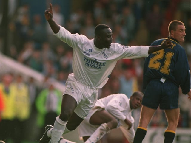 Tony Yeboah celebrates after scoring during the Premier League clash with Wimbledon at Selhurst Park in September 1995. He scored a hat-trick in a 4-2 win.