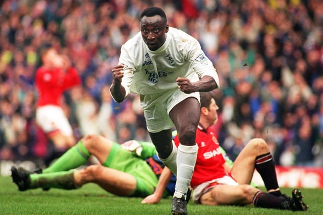 Tony Yeboah celebrates scoring against Manchester United at Elland Road on Christmas Eve 1995. The Whites won 3-1.
