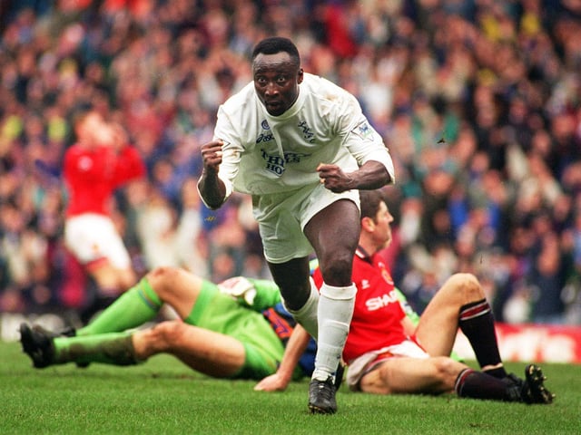 Tony Yeboah celebrates scoring against Manchester United at Elland Road on Christmas Eve 1995. The Whites won 3-1.