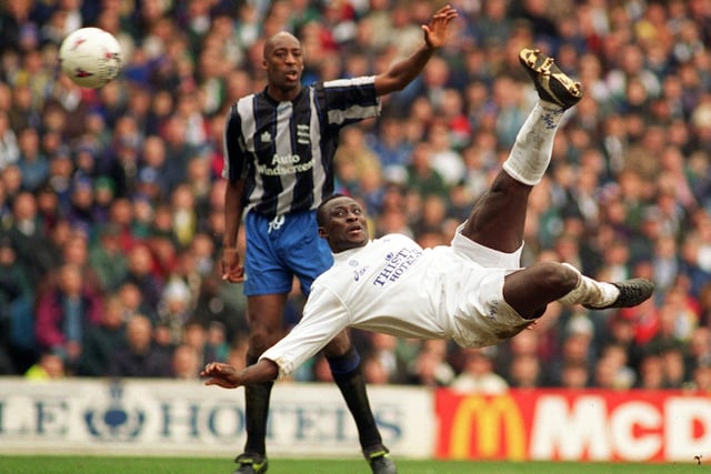 February 1996 and Tony Yeboah fires Leeds into a 2-0 lead with an overhead kick as Birmingham's ex Leeds United defender Chris Whyte watches.