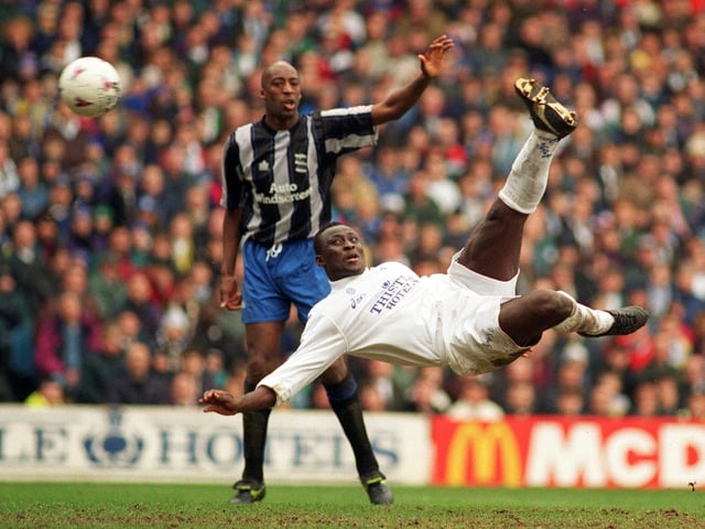 February 1996 and Tony Yeboah fires Leeds into a 2-0 lead with an overhead kick as Birmingham's ex Leeds United defender Chris Whyte watches.