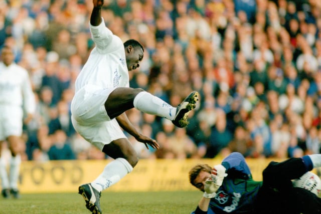 Tony Yeboah tangles with Chelsea goalkeeper Dimitri Kharine during the Premier League clash at Elland Road in November 1995. He scored the only goal of the game.