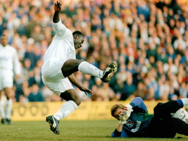 Tony Yeboah tangles with Chelsea goalkeeper Dimitri Kharine during the Premier League clash at Elland Road in November 1995. He scored the only goal of the game.