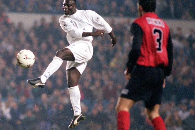 Tony Yeboah scores against Blackburn Rovers in a League Cup fourth round clash at Elland Road in November 1995. Leeds won 2-1 with Brian Deane netting the other.