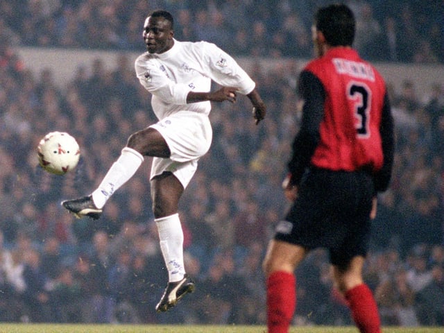 Tony Yeboah scores against Blackburn Rovers in a League Cup fourth round clash at Elland Road in November 1995. Leeds won 2-1 with Brian Deane netting the other.