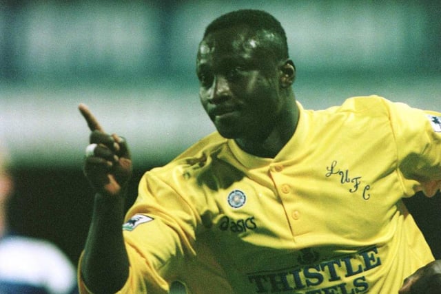 Tony Yeboah celebrates scoring the opening goal against Queen's Park Rangers at Loftus Road in March 1996. He scored a brace as Leeds won 2-1.