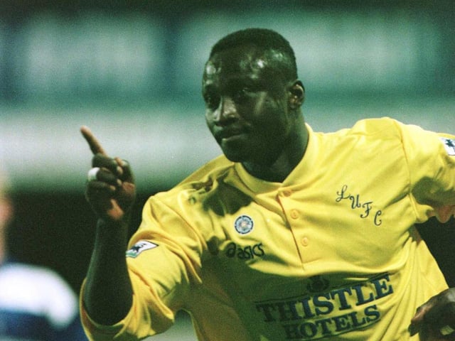 Tony Yeboah celebrates scoring the opening goal against Queen's Park Rangers at Loftus Road in March 1996. He scored a brace as Leeds won 2-1.