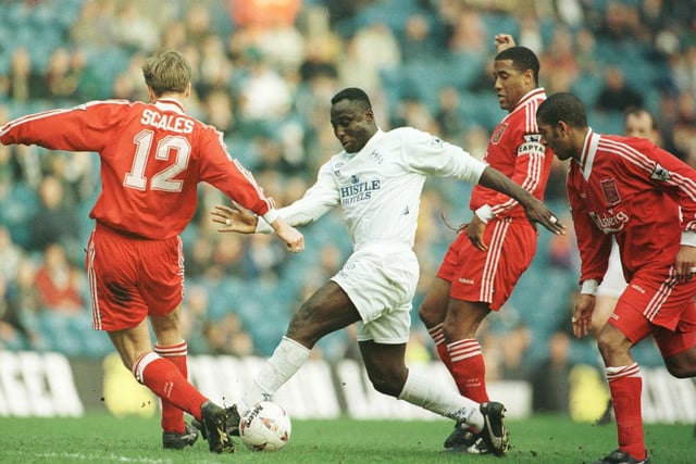 Tony Yeboah takes on the Liverpool defence during the FA Cup quarter-final clash at Elland Road in March 1996. The game finished goalless with the Whites losing 3-0 at Anfield in the replay.